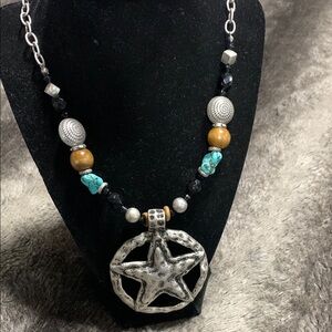 Silver and Turquoise Star Pendant Necklace Western Style 8074